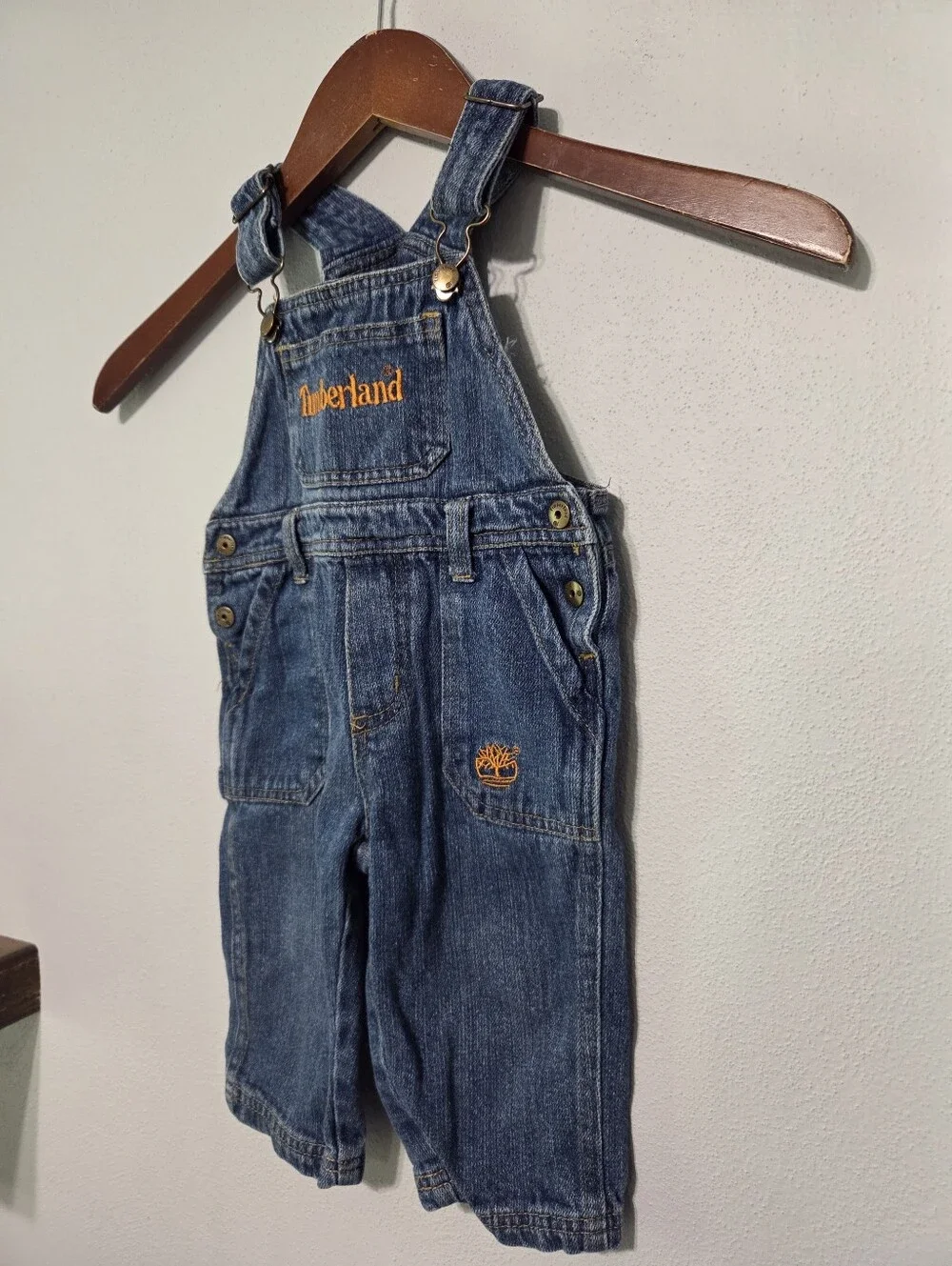 Timberland Dark Blue Denim Jean Overalls with Orange Logo Baby Size 12M